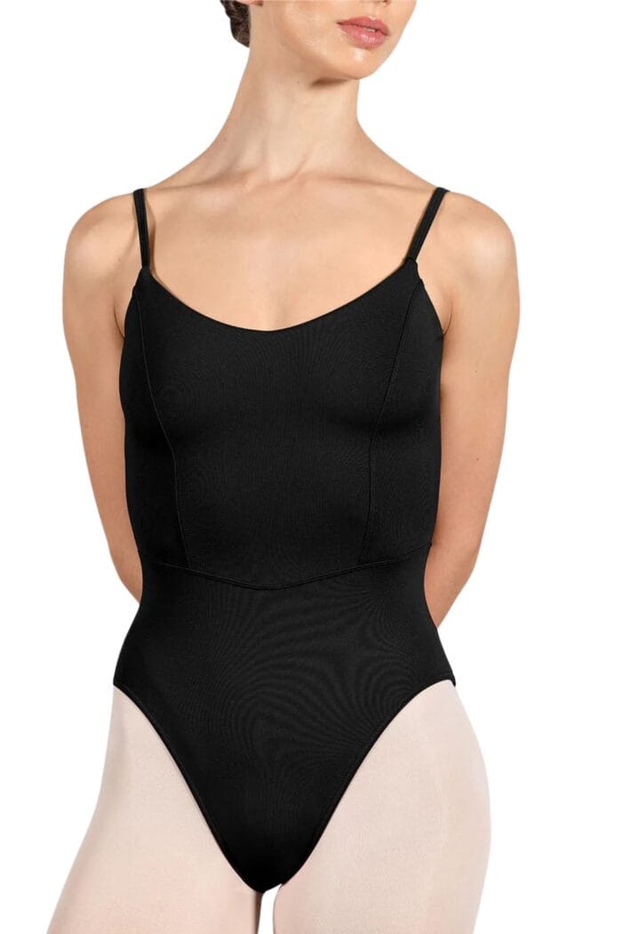 Maillot de tirante fino en color negro con costuras tipo corpiño