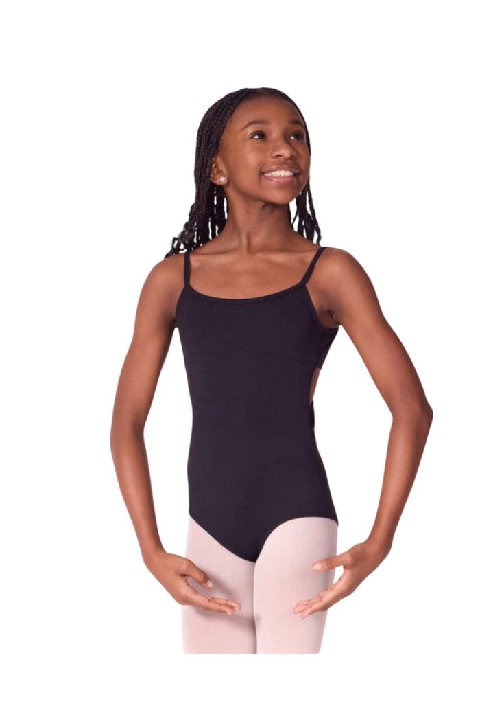 Maillot niña tirante fino ajustable con espalda cruzada en color negro