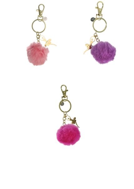Llavero con pompon en color rosa, fucsia y morado con bailarina en dorado
